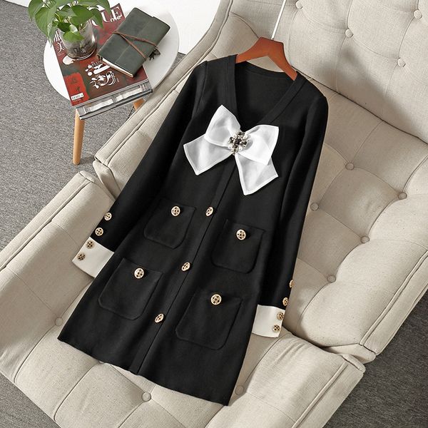 casual dresses fall long sleeve v neck black contrast color knitted ribbon tie bow pockets single-breasted dress elegant nn182011165 hyvw, Black;gray 
casual dresses fall long sleeve v neck black contrast color knitted ribbon tie bow pockets single-breasted dress elegant nn182011165 hyvw, Black;gray