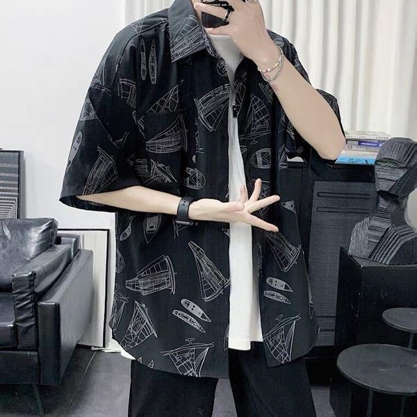 men's casual shirts vantage summer button up wild printed short-sleeve blouses, White;black
men's casual shirts vantage summer button up wild printed short-sleeve blouses, White;black