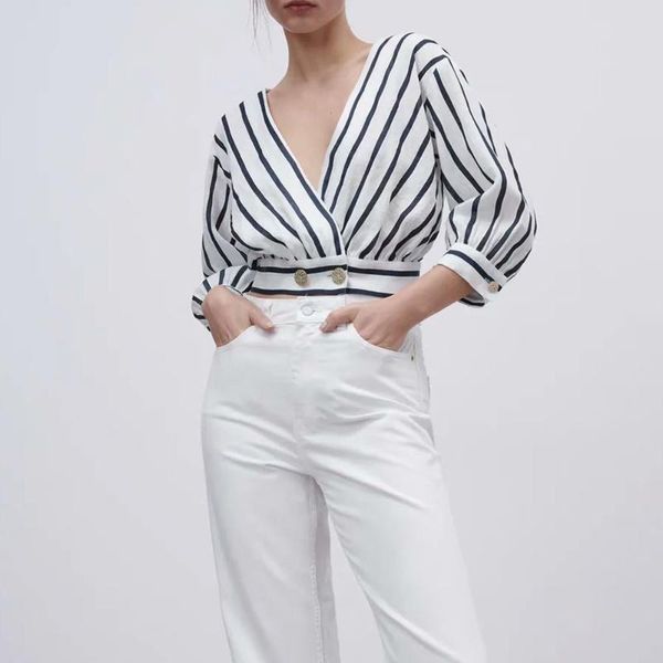 women's t-shirt 2021 spring and summer temperament all-match fashion v-neck striped pleated linen short shirt, White
women's t-shirt 2021 spring and summer temperament all-match fashion v-neck striped pleated linen short shirt, White