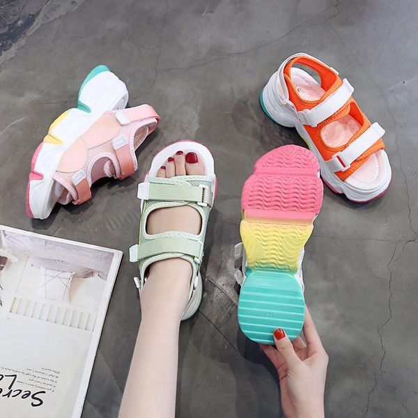 heel height 5.5cm fashion shoes platform sandals rainbow sole drop women summer casual, Black