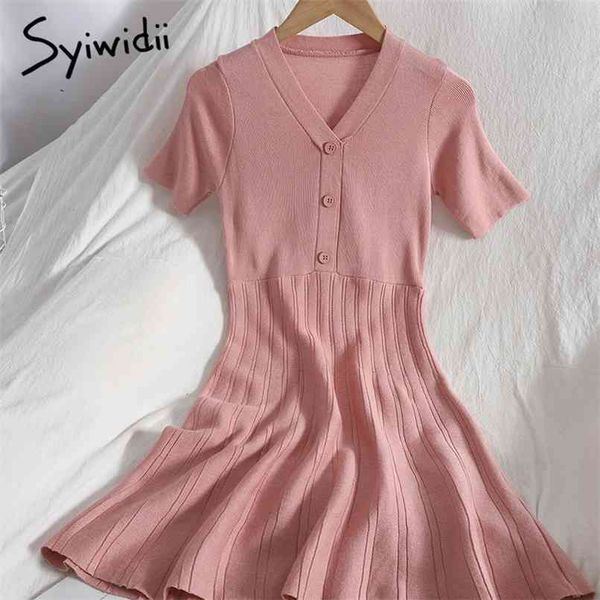 fashion high waist knitted dresses women breasted short sleeve v-neck a-line solid pink summer korean clothing 210607, Black;gray
fashion high waist knitted dresses women breasted short sleeve v-neck a-line solid pink summer korean clothing 210607, Black;gray