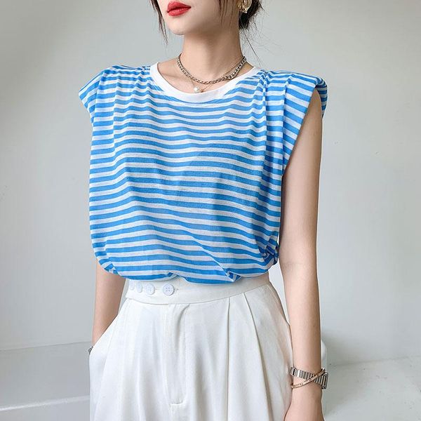 women's t-shirt high street fashion shoulder pad sleeveless women casual round neck striped summer female chic loose tees, White
women's t-shirt high street fashion shoulder pad sleeveless women casual round neck striped summer female chic loose tees, White