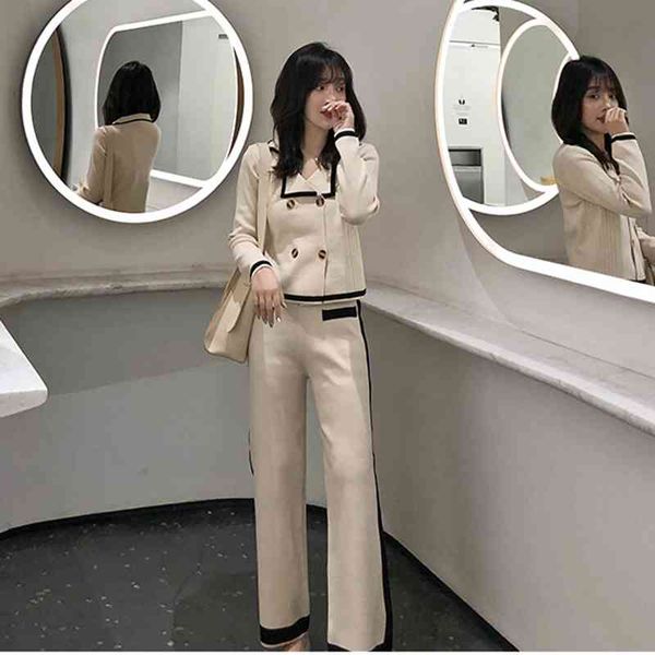 women aautumn knitted turn down collar short sleeve double-breasted cardigan + wide leg pants 2 pieces clothing set suits 210515, White
women aautumn knitted turn down collar short sleeve double-breasted cardigan + wide leg pants 2 pieces clothing set suits 210515, White