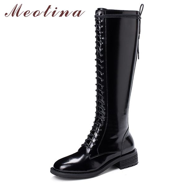 

winter knee high boots women natural genuine leather thick heel long zipper round toe shoes lady autumn size 33-43 210517, Black