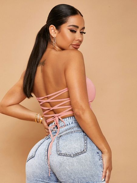 lace up backless crop tube m83x#, White 
lace up backless crop tube m83x#, White