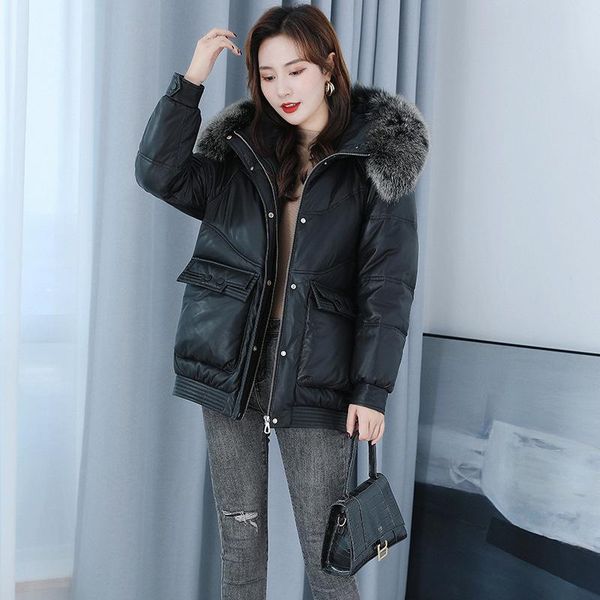women's leather & faux haining sheepskin down jacket medium and long plush thickened slim fur hooded, Black
women's leather & faux haining sheepskin down jacket medium and long plush thickened slim fur hooded, Black