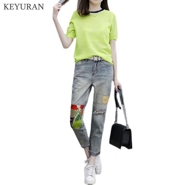 women fashion short sleeve knitted t-shirt + hole jeans 2 pieces sets summer suit casual women's denim pants tracksuit two piece, White
women fashion short sleeve knitted t-shirt + hole jeans 2 pieces sets summer suit casual women's denim pants tracksuit two piece, White