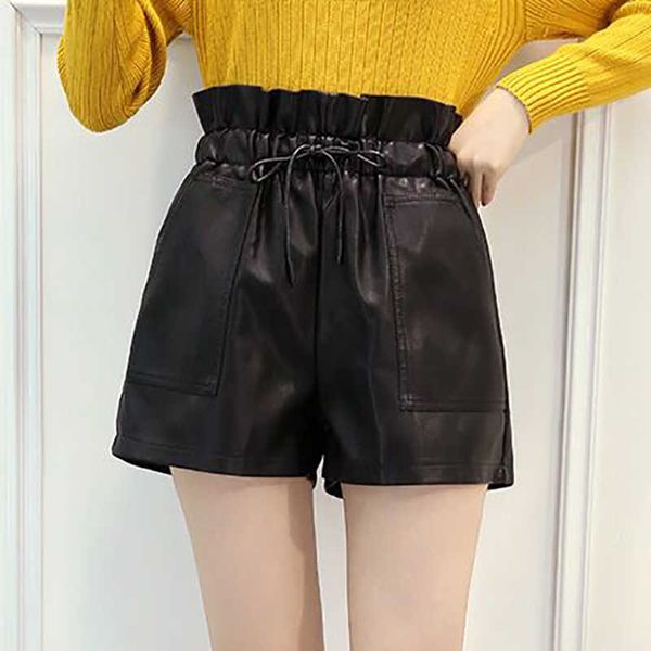 pu leather shorts women high waist tether flower bud wide leg autumn winter korean loose street womens 210615, White;black 
pu leather shorts women high waist tether flower bud wide leg autumn winter korean loose street womens 210615, White;black