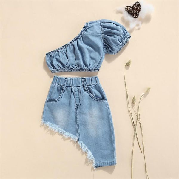 clothing sets girls denim clothes 2 piece set solid color short sleeve off-shoulder cropped + irregular hem skirt for 1-5 years, White
clothing sets girls denim clothes 2 piece set solid color short sleeve off-shoulder cropped + irregular hem skirt for 1-5 years, White