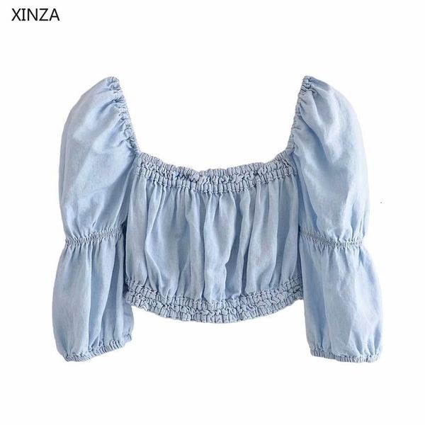 women's knits & tees women blue summer cropped blouse long puff sleeve elastic vintage fashion pleated back opening woman blo, White
women's knits & tees women blue summer cropped blouse long puff sleeve elastic vintage fashion pleated back opening woman blo, White