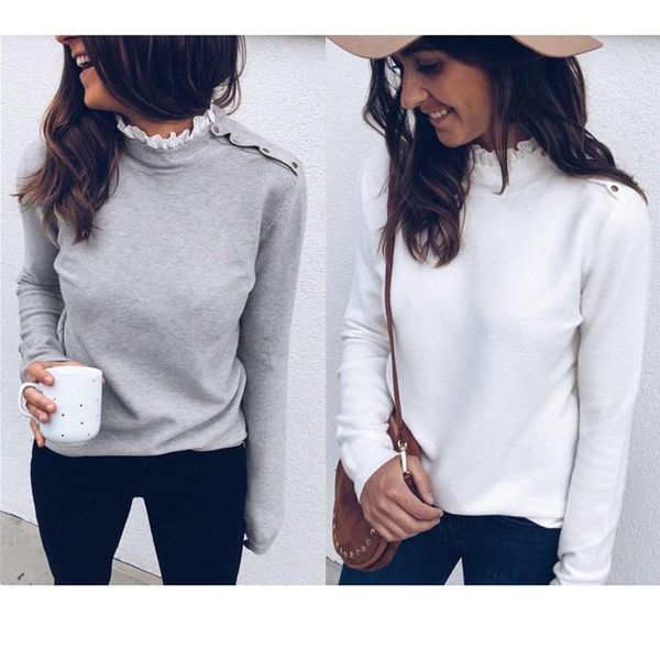 women's t-shirt autumn winter casual streetwear t shirt women lace neck long sleeve solid shoulder button slim basic tshits, White
women's t-shirt autumn winter casual streetwear t shirt women lace neck long sleeve solid shoulder button slim basic tshits, White