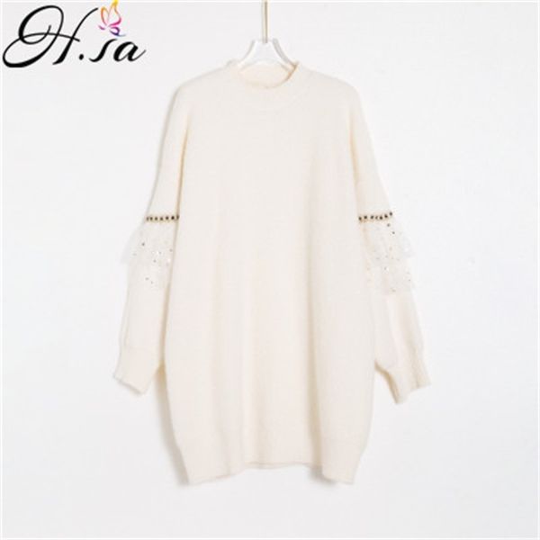 h.sa winter pullovers ruffles sleeve knit jumpers white midi knitwear dress lace patchwrok mohair soft long sweaters 210417, White;black
h.sa winter pullovers ruffles sleeve knit jumpers white midi knitwear dress lace patchwrok mohair soft long sweaters 210417, White;black