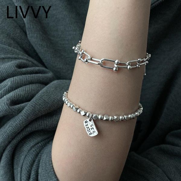 link, chain vintage silver color english letter brand bead bracelet for women couple geometric creativity jewelry, Black
link, chain vintage silver color english letter brand bead bracelet for women couple geometric creativity jewelry, Black
