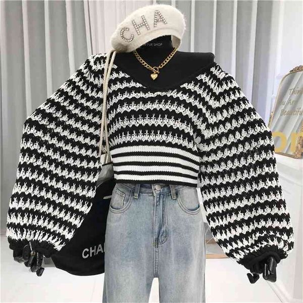 women sweater v-neck striped printed lantern sleeve knitted pullover femme spring autumn black loose oversize knitwear crop 210514, White;black
women sweater v-neck striped printed lantern sleeve knitted pullover femme spring autumn black loose oversize knitwear crop 210514, White;black