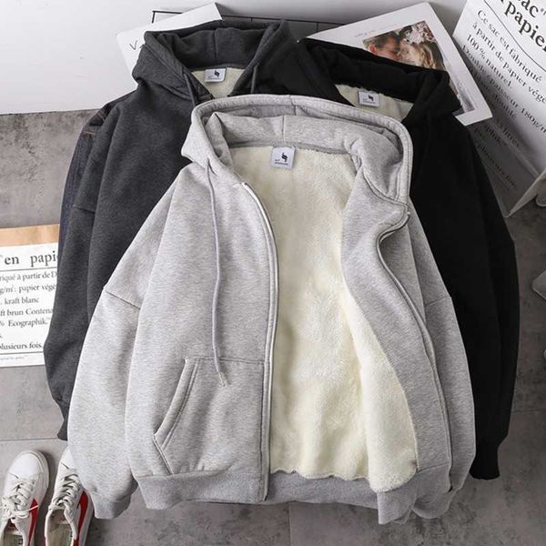 jacket women solid autumn winter lamb wool korean loose plus velvet thick hooded zipper sweatshirt black grey wild 210610
jacket women solid autumn winter lamb wool korean loose plus velvet thick hooded zipper sweatshirt black grey wild 210610
