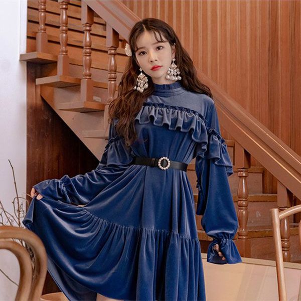 dresses retro style blue veet elegant fashion chic ruffles flare sleeve women high low irregular with belt, Black;gray
dresses retro style blue veet elegant fashion chic ruffles flare sleeve women high low irregular with belt, Black;gray