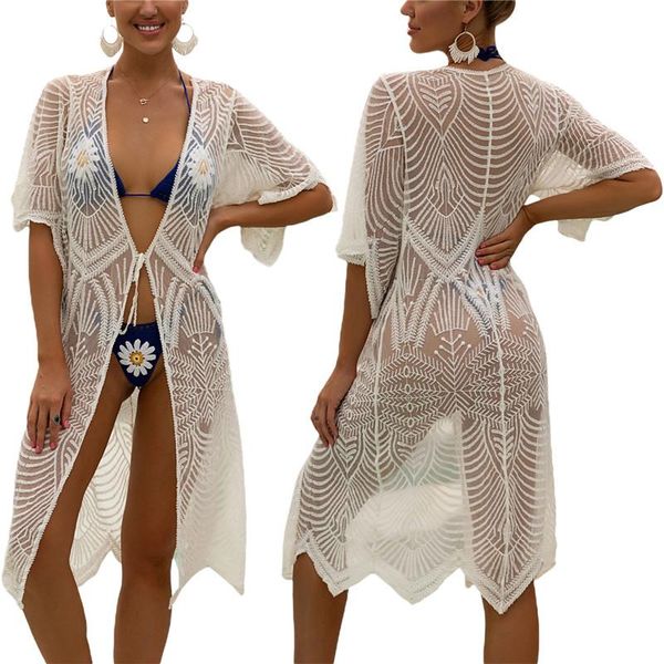 women's swimwear women solid color see-through crochet cardigan floral v-neck half sleeve hollow out coat bikini cover ups summer smock, White;black
women's swimwear women solid color see-through crochet cardigan floral v-neck half sleeve hollow out coat bikini cover ups summer smock, White;black