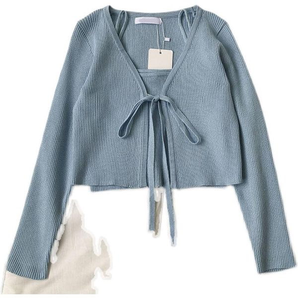 women's t-shirt fashion 2-piece suit knitted women solid v-neck long sleeve lace up short cardigan and camis knitwear, White 
women's t-shirt fashion 2-piece suit knitted women solid v-neck long sleeve lace up short cardigan and camis knitwear, White