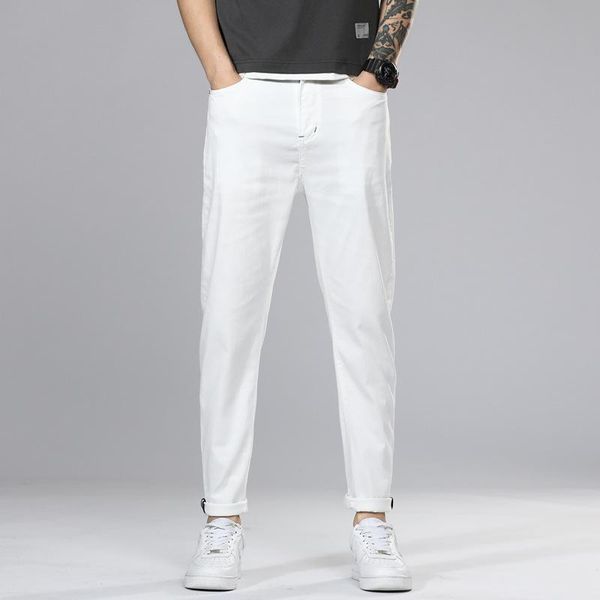 men's jeans 2021 spring&ssummer hong kong style korean fashion brand casual comfortable slim thin cropped, Blue 
men's jeans 2021 spring&ssummer hong kong style korean fashion brand casual comfortable slim thin cropped, Blue