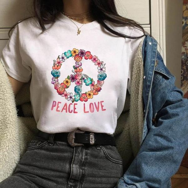 peace and love large women t shirt printed summer street short sleeve, White