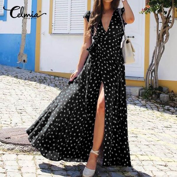 celmia women polka dot maxi sundress bohemian summer split hem short sleeve long dress belted casual v-neck vestidos robe dresses, Black;gray
celmia women polka dot maxi sundress bohemian summer split hem short sleeve long dress belted casual v-neck vestidos robe dresses, Black;gray