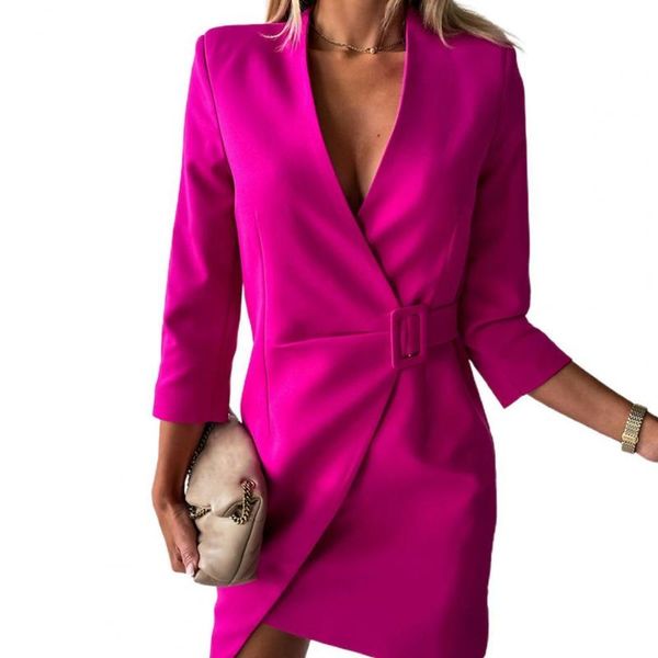 casual dresses 2021 women spring/autumn long sleeve elastic waist stand collar rose red v neck irregular hem office elegant mini dress, Black;gray 
casual dresses 2021 women spring/autumn long sleeve elastic waist stand collar rose red v neck irregular hem office elegant mini dress, Black;gray