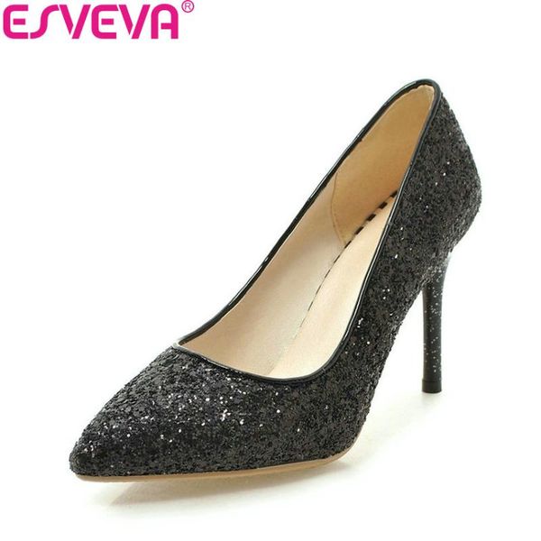 dress shoes esveva 2021 women pumps sequins bling slip on thin high heels pointed toe and fashion party size 34-43, Black 
dress shoes esveva 2021 women pumps sequins bling slip on thin high heels pointed toe and fashion party size 34-43, Black
