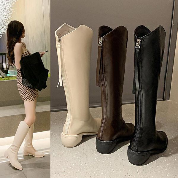boots women over knee zipper female shoes boots-women over-the-knee ladies pointy autumn rubber 2021 med leather pu retro pointe, Black