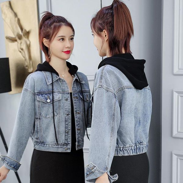 women's jackets 2021 spring and autumn korean stitching hooded short denim jacket women, Black;brown
women's jackets 2021 spring and autumn korean stitching hooded short denim jacket women, Black;brown