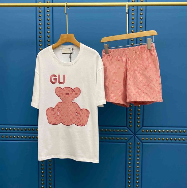 luxury design bear embroidered suit summer alphabet t-shirt bottom shirt casual loose shorts, White 
luxury design bear embroidered suit summer alphabet t-shirt bottom shirt casual loose shorts, White
