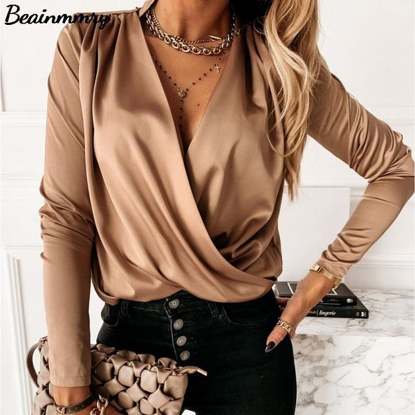 women's blouses & shirts women fashion solid satin deep v-neck long sleeve blouse 2021 spring and autumn elegant office ladies ruched, White 
women's blouses & shirts women fashion solid satin deep v-neck long sleeve blouse 2021 spring and autumn elegant office ladies ruched, White