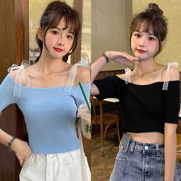 women's t-shirt lace strap off shoulder women slim summer patchwork t shirt casual knitted short sleeve loose tshirts clothing, White 
women's t-shirt lace strap off shoulder women slim summer patchwork t shirt casual knitted short sleeve loose tshirts clothing, White