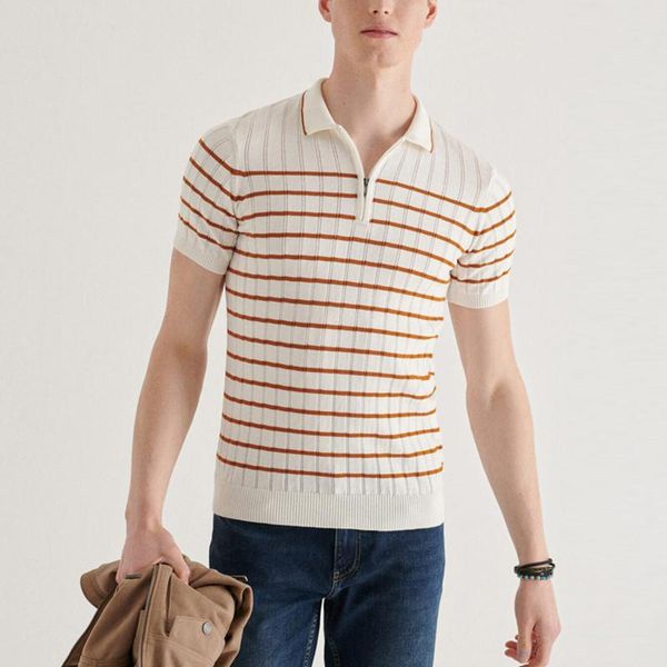 men's polos summer fashion striped short sleeve knitted shirt casual slim shirts vintage turndown collar zipper design, White;black
men's polos summer fashion striped short sleeve knitted shirt casual slim shirts vintage turndown collar zipper design, White;black