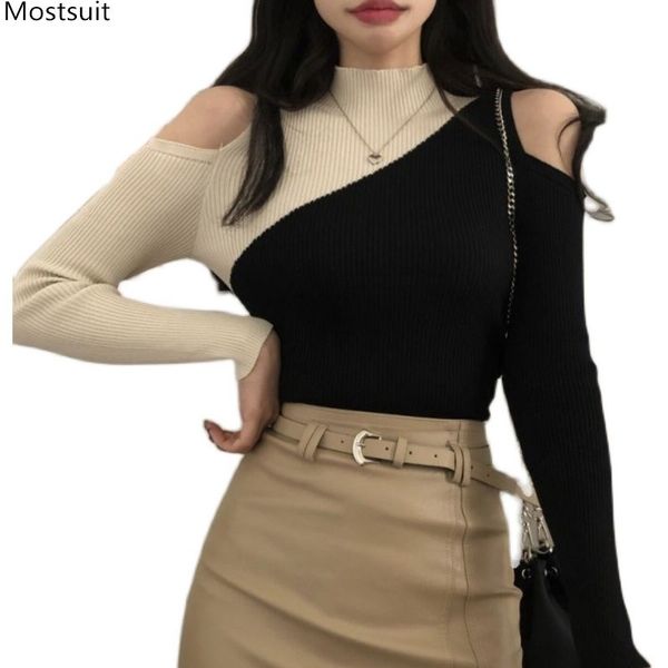 spring autumn women sweater ladies jumper korean half turtleneck patchwork off shoulder long sleeve knitted pullover 210518, White;black
spring autumn women sweater ladies jumper korean half turtleneck patchwork off shoulder long sleeve knitted pullover 210518, White;black