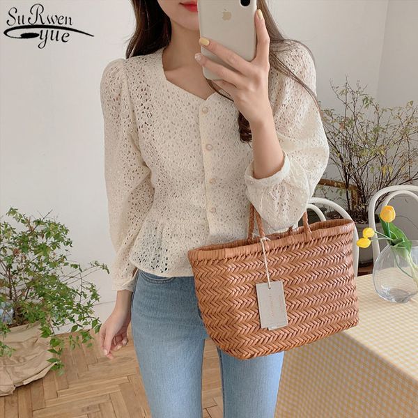 korean clothes sweet wild v-neck women's blouse hollow out lace-up lace shirt vintage slim long sleeve female blusas 13100 210417, White 
korean clothes sweet wild v-neck women's blouse hollow out lace-up lace shirt vintage slim long sleeve female blusas 13100 210417, White