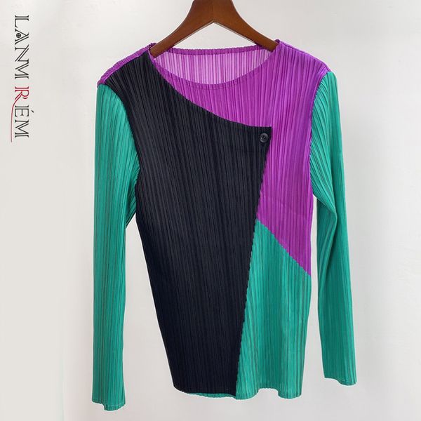 women stitching color loose pleated t-shirt round neck long sleeve shirt fashion tide spring autumn 2f0035 210507, White