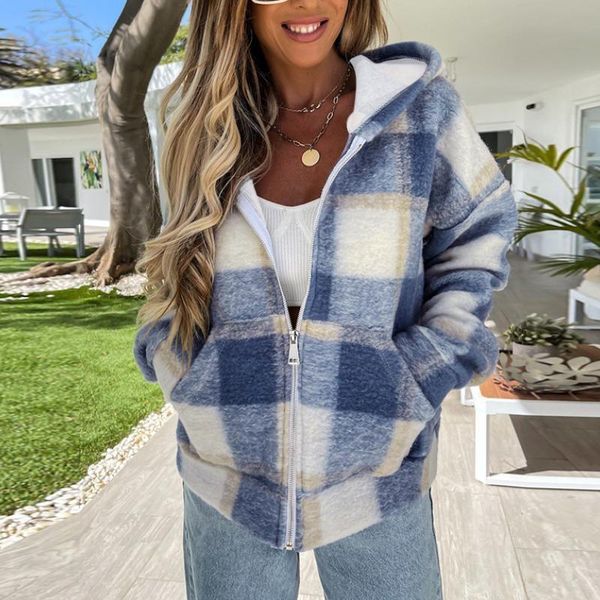 women's jackets 2021 autumn winter jacket women loose plaid coat casual hooded cashmere clothes fall velvet zipper up pocket, Black;brown 
women's jackets 2021 autumn winter jacket women loose plaid coat casual hooded cashmere clothes fall velvet zipper up pocket, Black;brown