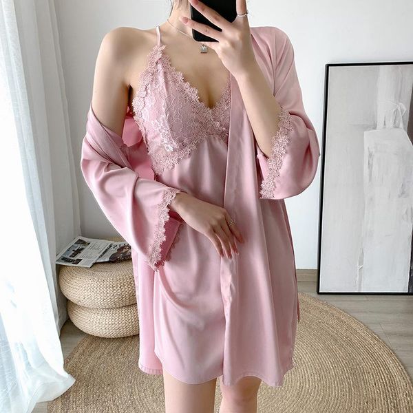 women's sleepwear 2pcs home dressing gown summer nightgown pink perspective lace kimono robe set women nightwear short intimate lingeri, Black;red
women's sleepwear 2pcs home dressing gown summer nightgown pink perspective lace kimono robe set women nightwear short intimate lingeri, Black;red