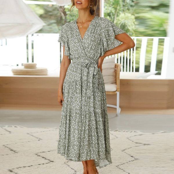 women summer summer long dress fashion ruffled sleeve v-neck a-line pleated slim female holidays es 210524, Black;gray
women summer summer long dress fashion ruffled sleeve v-neck a-line pleated slim female holidays es 210524, Black;gray