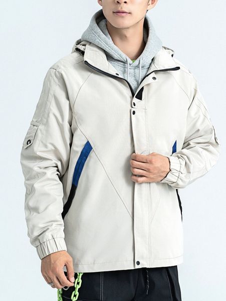 men contrast tape raglan sleeve drawstring hooded jacket n69p#, Black;brown