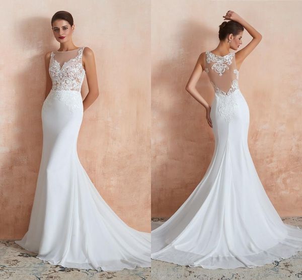 2021 boho garden mermaid wedding gowns sheer neck lace appliques illusion back brides dresses simple chiffon sweep train robes de mariée sum, White
2021 boho garden mermaid wedding gowns sheer neck lace appliques illusion back brides dresses simple chiffon sweep train robes de mariée sum, White