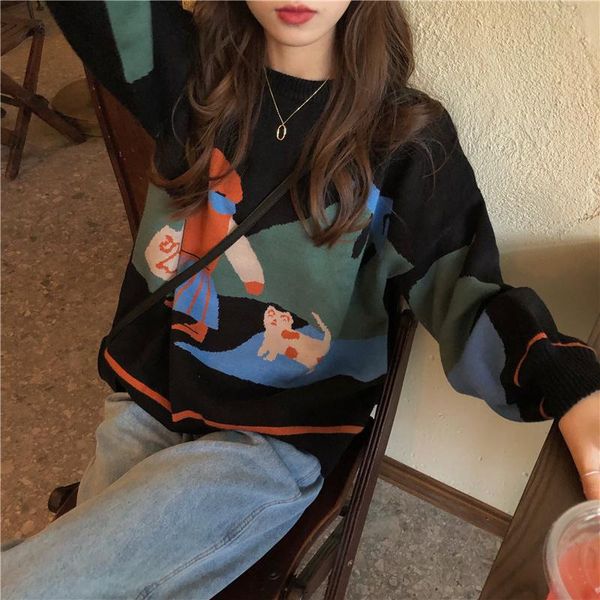 women's sweaters autumn clothes sweater 2021 loose korean style fun jacquard outerwear long sleeve pullover, White;black
women's sweaters autumn clothes sweater 2021 loose korean style fun jacquard outerwear long sleeve pullover, White;black