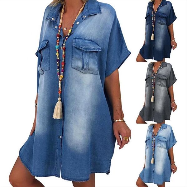 blue denim single breasted women dress turn down collar short sleeve shirt loose knee length jeans, Black;gray
blue denim single breasted women dress turn down collar short sleeve shirt loose knee length jeans, Black;gray