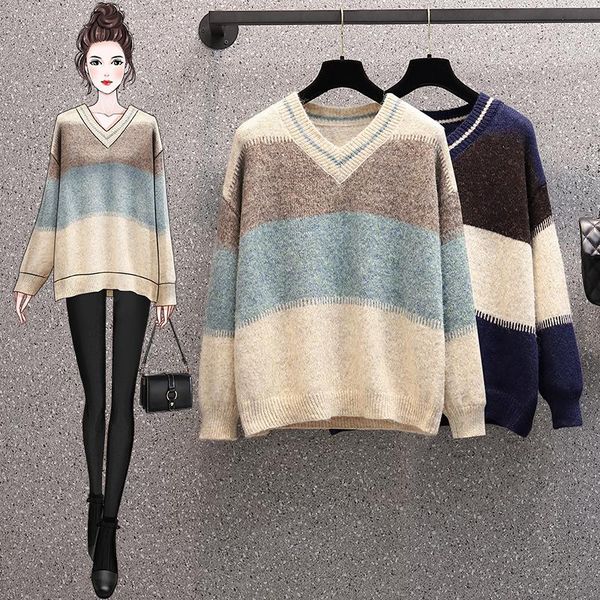 women's sweaters striped v-neck knitted plus large size oversize korean style fashion pullovers for autumn clothing ladies 2021, White;black
women's sweaters striped v-neck knitted plus large size oversize korean style fashion pullovers for autumn clothing ladies 2021, White;black