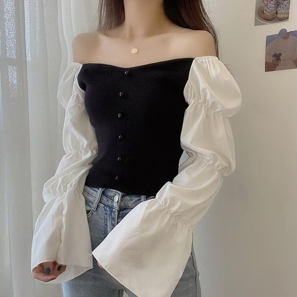 women's blouses & shirts lucyever slash neck off shoulder women fashion slim fit patchwork knit female elegant pearl button shirt top, White 
women's blouses & shirts lucyever slash neck off shoulder women fashion slim fit patchwork knit female elegant pearl button shirt top, White