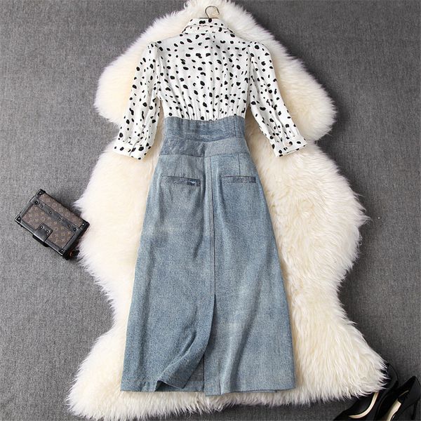 two piece dress spring designer female track turn down collar dot print chips empire denim dress casual dresses k79w, White
two piece dress spring designer female track turn down collar dot print chips empire denim dress casual dresses k79w, White