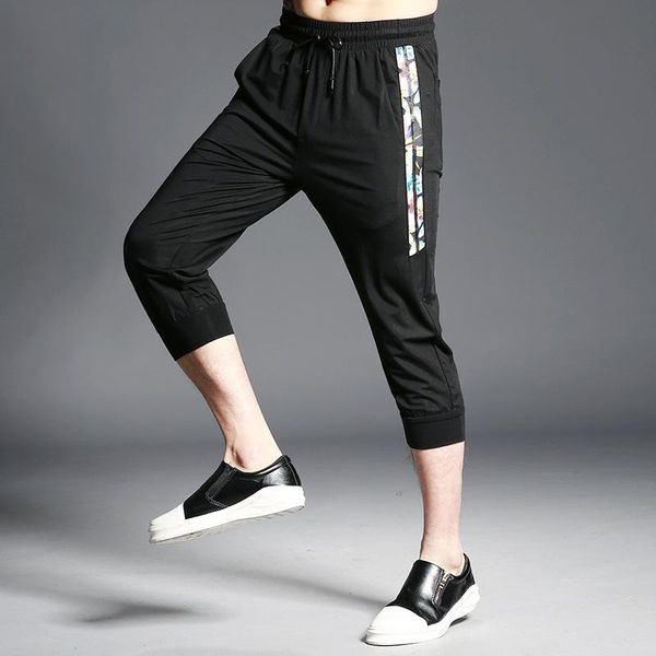 men's pants spring summer autumn fashion side stripes print cropped casual joggers fitness sweatpants sportstyle trousers mens clothes, Black