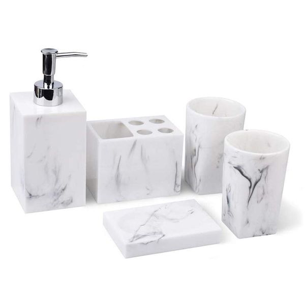 bath accessory set 5-piece bathroom counter - dispenser for liquid soap or lotion,soap dish,toothbrush holder and 2 tumblers
bath accessory set 5-piece bathroom counter - dispenser for liquid soap or lotion,soap dish,toothbrush holder and 2 tumblers