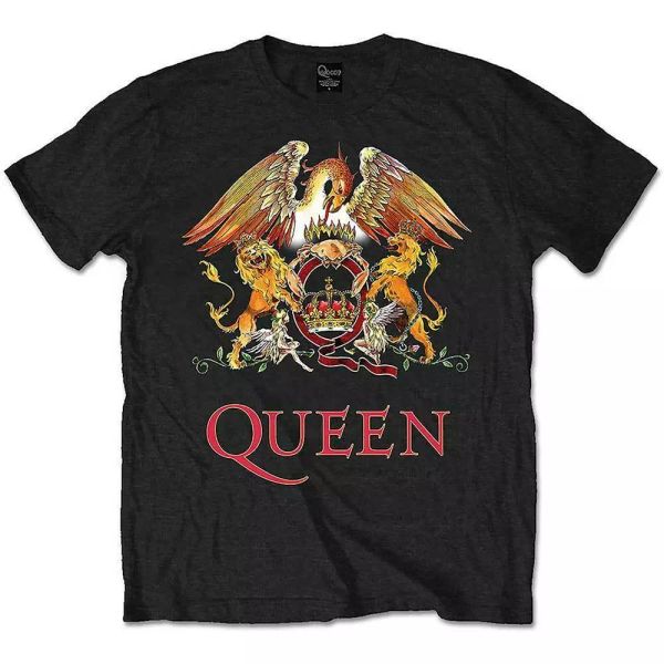 official queen t shirt classic crest black classic rock band bohemian rhapsody, White;black