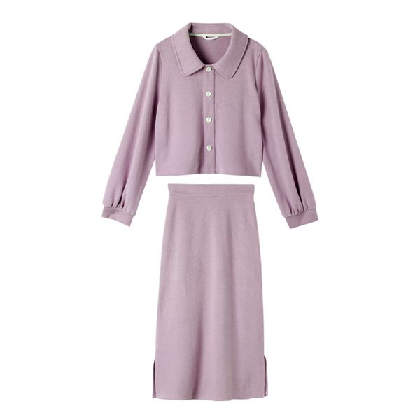 women set turn down collar two pieces knitted skirt midi long sleeve violet t0388 210514, White
women set turn down collar two pieces knitted skirt midi long sleeve violet t0388 210514, White